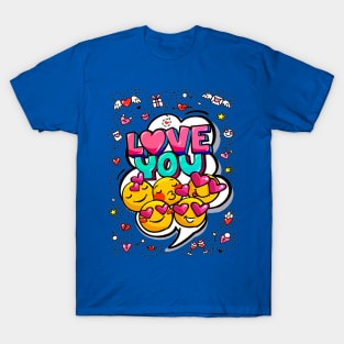 Love you word bubble. Message in pop art comic style with hand drawn hearts and emoji smiles. T-Shirt